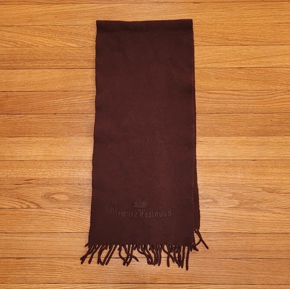 VIVIENNE WESTWOOD LOGO BROWN WOOL BLEND FRINGE SCARF - Picture 3 of 5